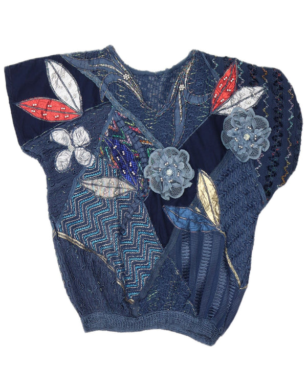Vintage Damen Bluse Top UK 16 Großes marineblaues Patchwork