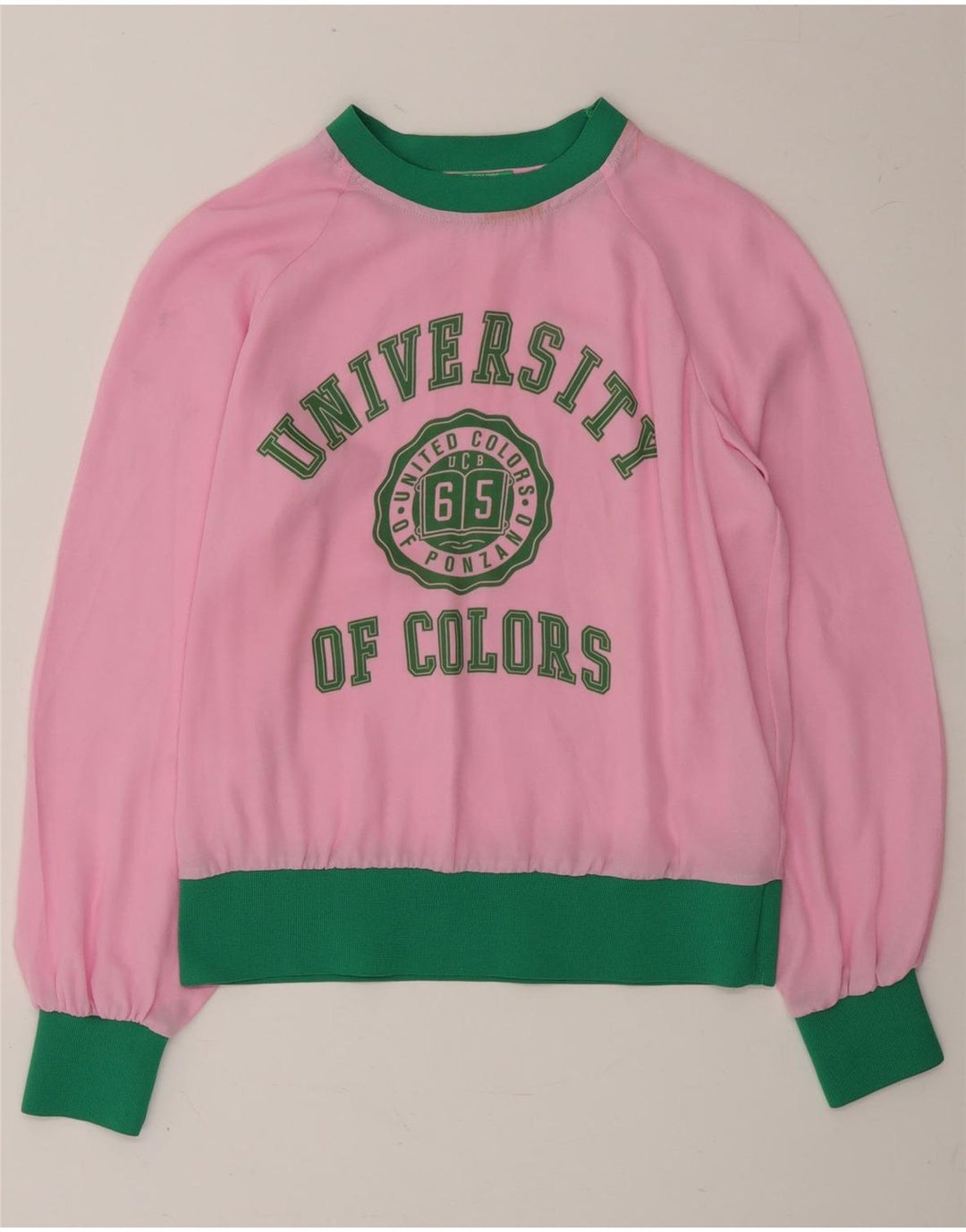 BENETTON Womens Overshirt Graphic Top Long Sleeve UK 6 XS Pink Polyester Vintage Benetton and Second-Hand Benetton from Messina Hembry 