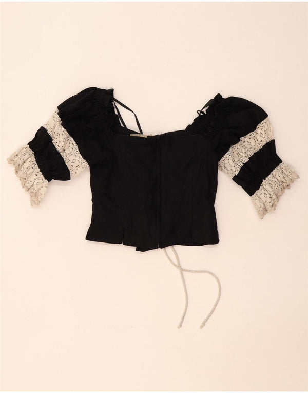 LANDHAUS Damen Trachten Crop Corset Top UK 8 Small Schwarz geblümtes Leinen