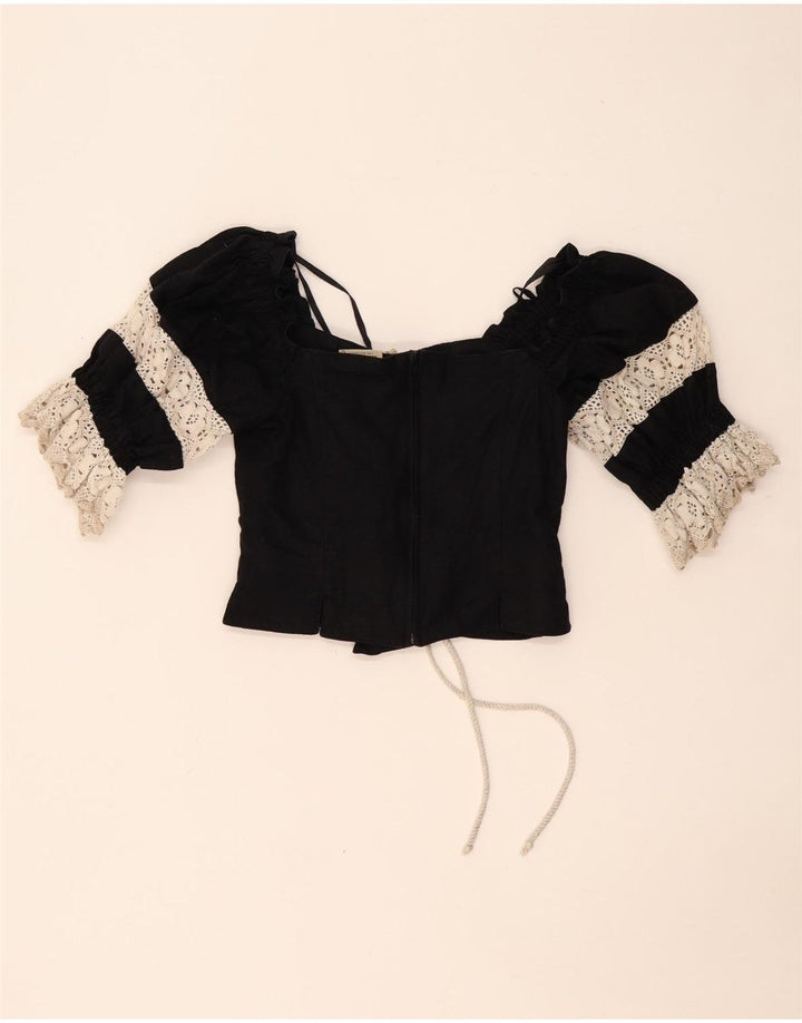 LANDHAUS Damen Trachten Crop Corset Top UK 8 Small Schwarz geblümtes Leinen