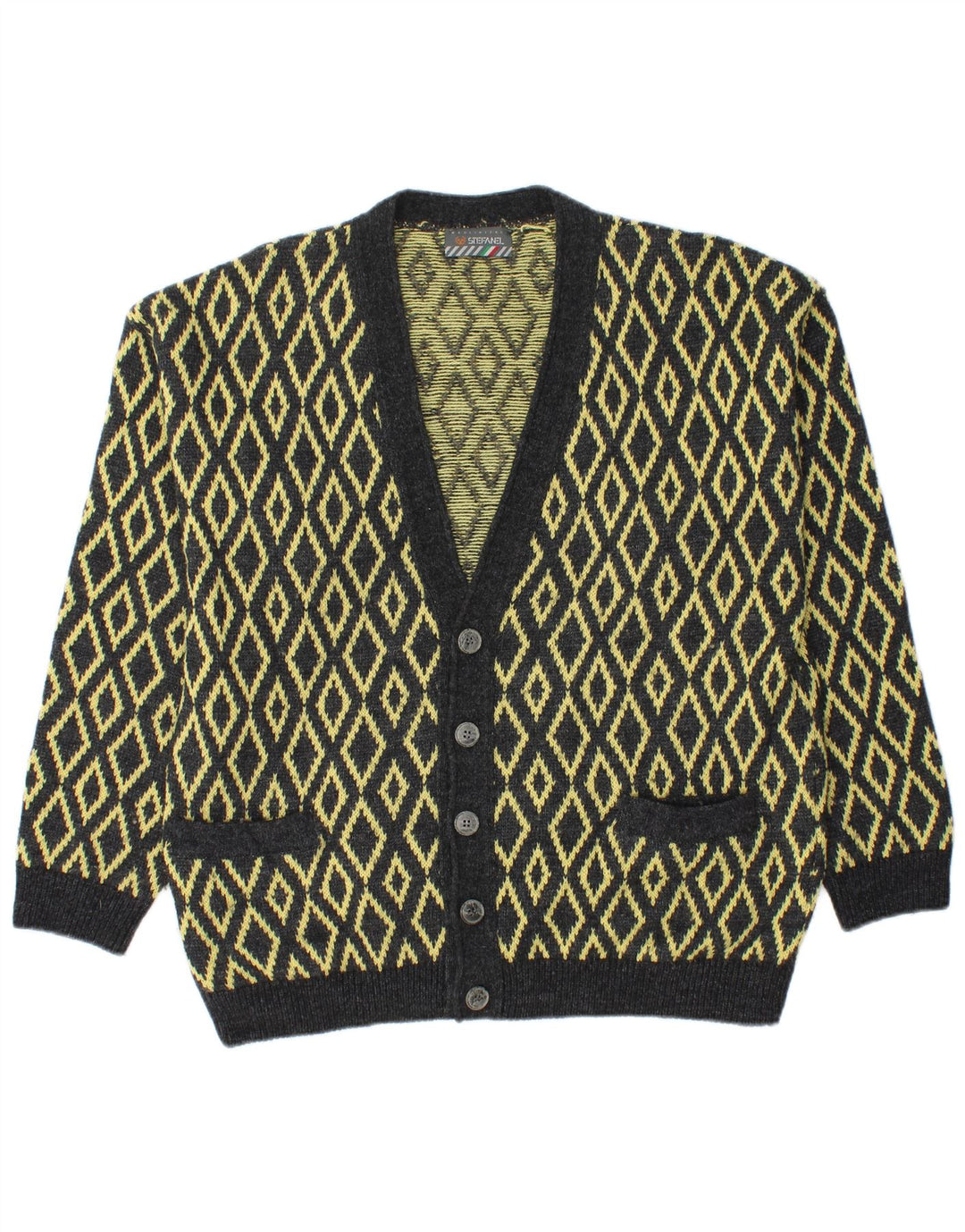 Stefanel Herren-Strickjacke, groß, gelbe Argyle-/Diamantwolle