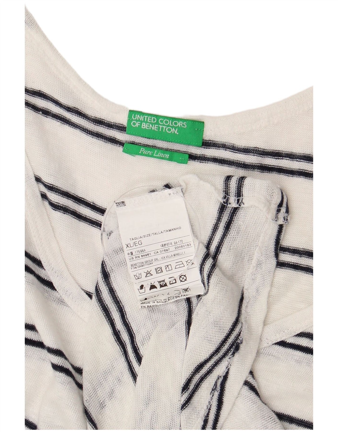 Benetton Damen ärmelloses Blusenoberteil UK 18 XL Weiß gestreiftes Leinen
