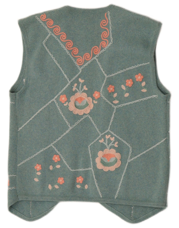 Vintage Damen Strick-OPEN-Weste UK 12 Medium Türkis Floral Kaschmir
