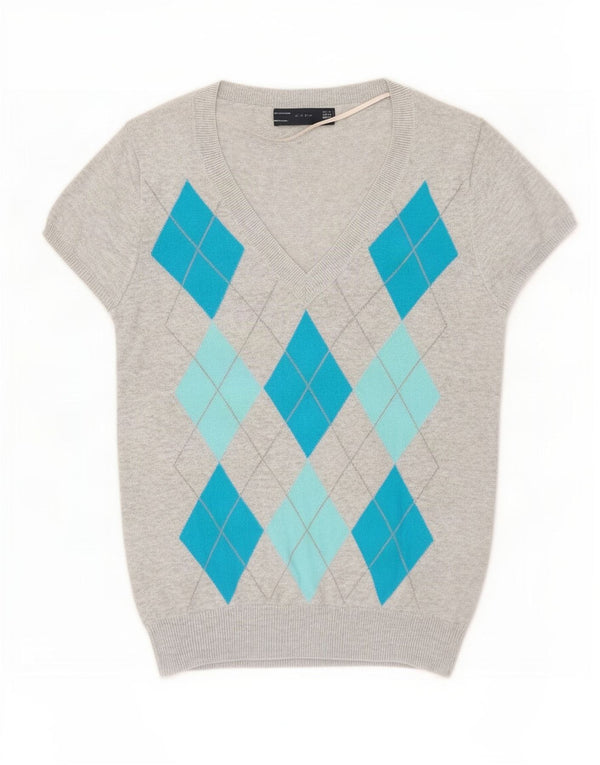 Zara Damen-Pullover mit V-Ausschnitt, UK 12, mittelgrau, Argyle/Diamant