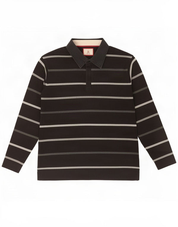 Marks & Spencer Herren-Langarm-Poloshirt aus mittelschwarz gestreifter Baumwolle