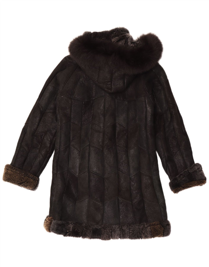 Vintage Damen Kapuzen-Sherpa-Ledermantel UK 12 Medium Schwarz