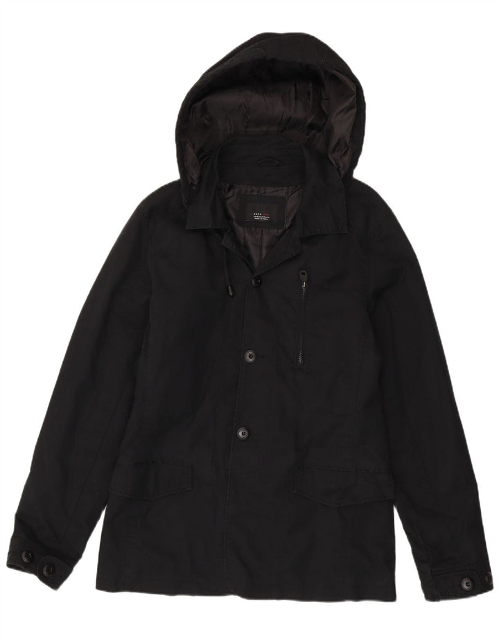 Zara Herren-Parka mit Kapuze, Größe 38, mittelschwarz, Baumwolle