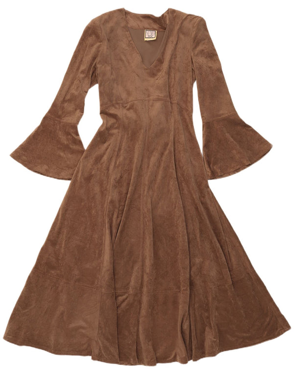 Vintage Damen Maxi-Langarm-A-Linien-Kleid UK 12 Mittelbraunes Polyester