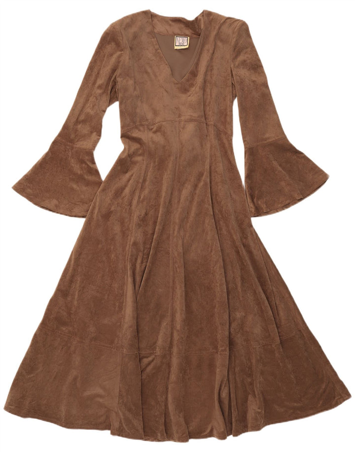 Vintage Damen Maxi-Langarm-A-Linien-Kleid UK 12 Mittelbraunes Polyester