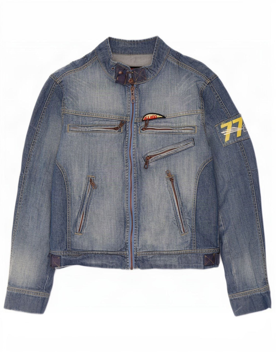 Vintage Herren-Jeansjacke mit Grafik, UK 38, mittelblaue Baumwolle