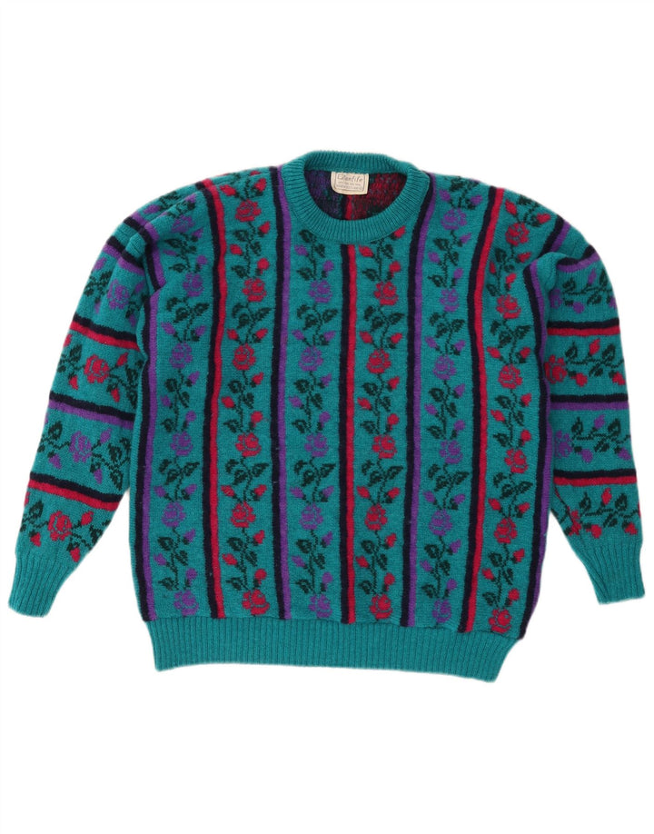 VINTAGE Damen-Pullover mit Rundhalsausschnitt, UK 16, große türkisfarbene Wolle mit Blumenmuster