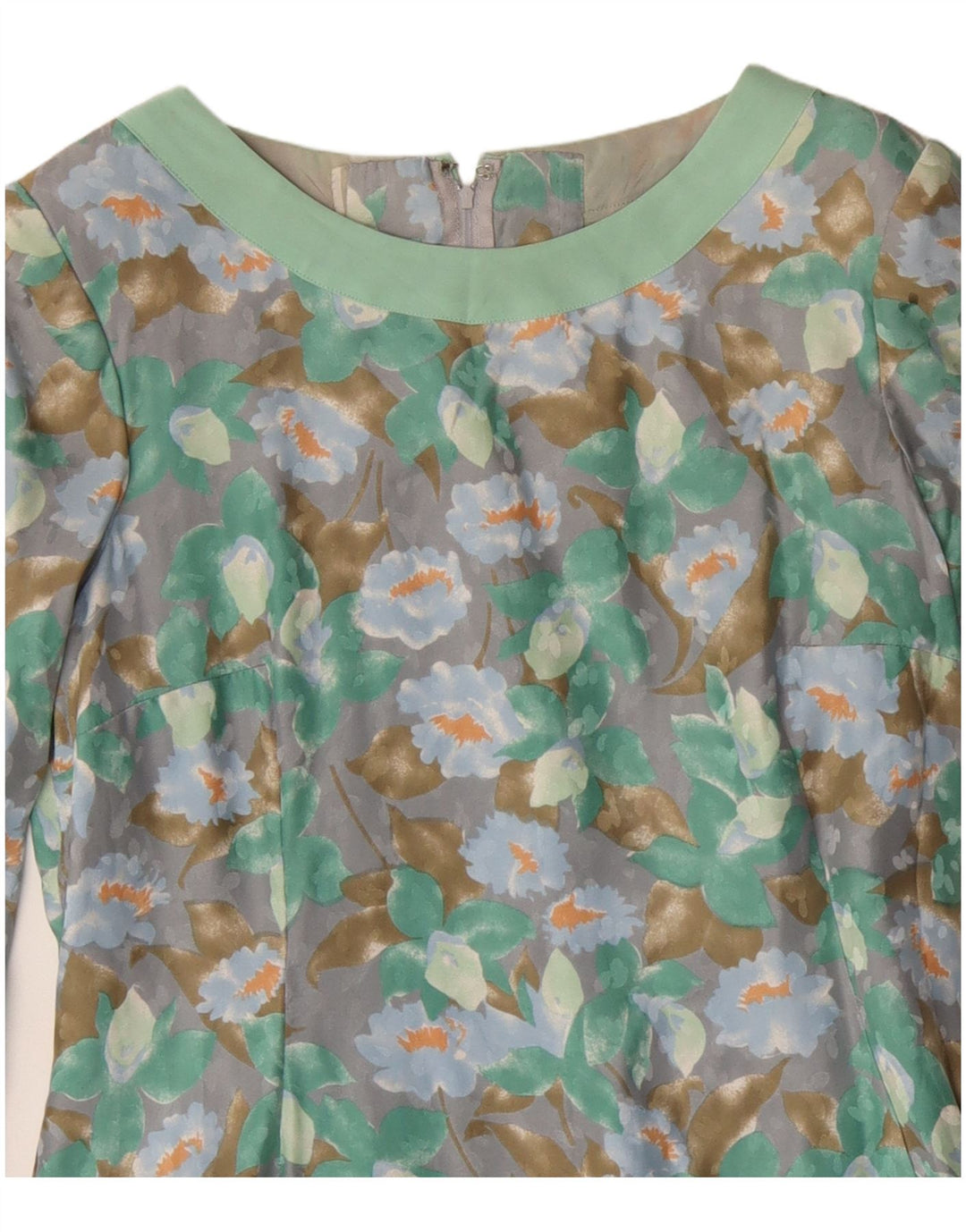 Vintage Damen Langarm-Etuikleid UK 12 Mittelgrün geblümt