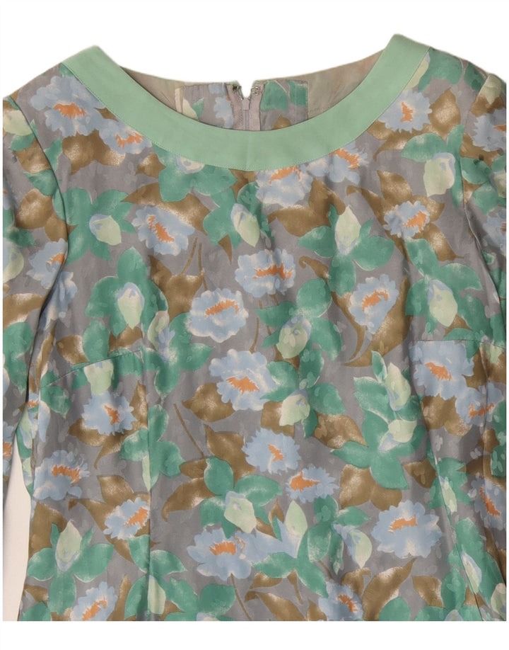 Vintage Damen Langarm-Etuikleid UK 12 Mittelgrün geblümt