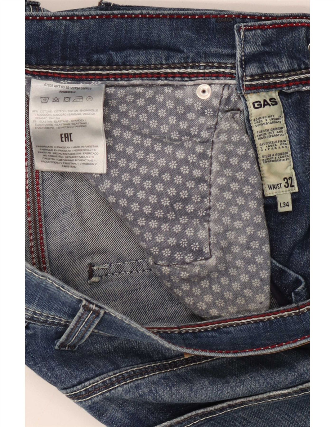 Gas Herren Slim Jeans W32 L34 Blaue Baumwolle