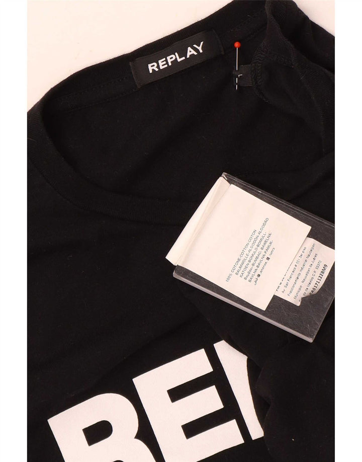 Replay Herren-Grafik-T-Shirt, langärmelig, groß, aus schwarzer Baumwolle