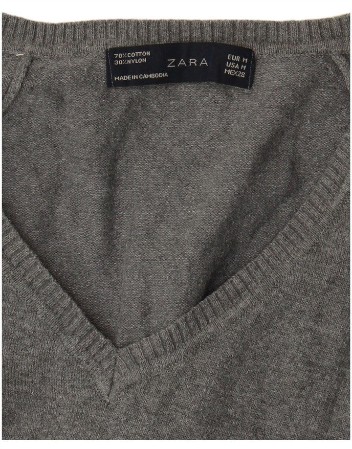 Zara Damen-Pullover mit V-Ausschnitt, UK 12, mittelgraue Baumwolle