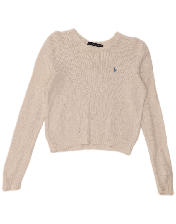 RALPH LAUREN Damen Crop Pullover mit U-Boot-Ausschnitt, Gr. 12, Mittelweiß