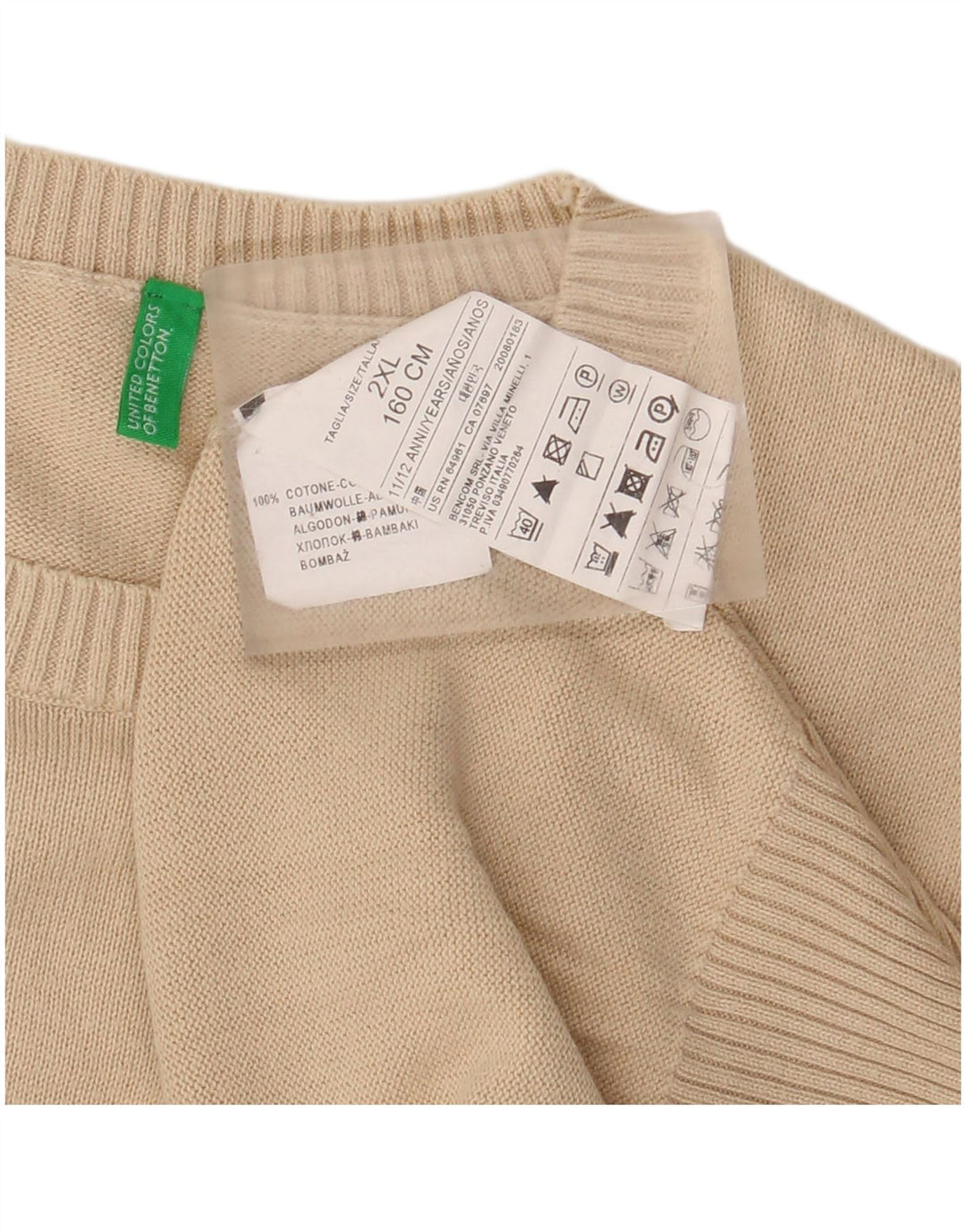 BENETTON Jungen-Pullover mit Rundhalsausschnitt, 11–12 Jahre, 2XL, beige Baumwolle