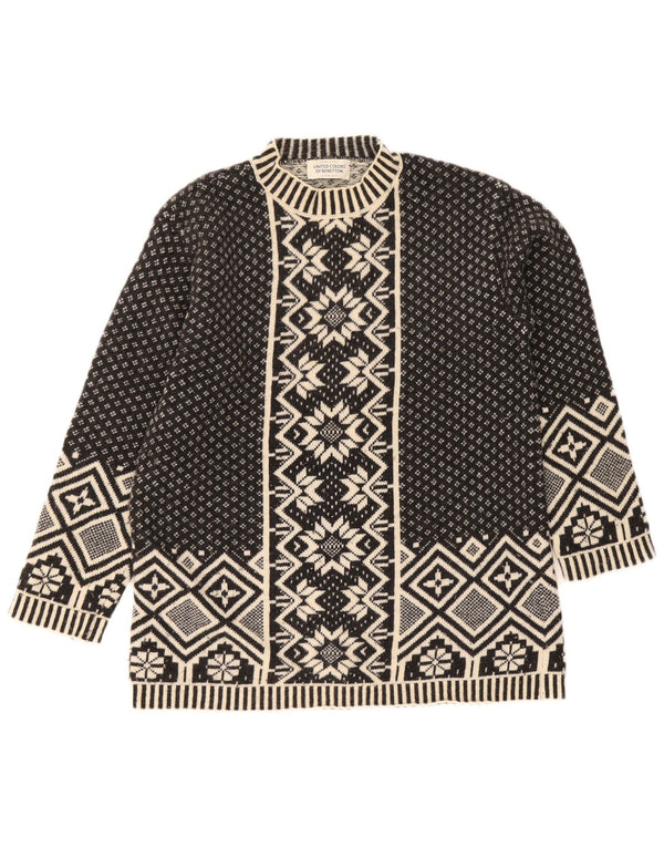 Benetton Damen-Pullover mit Rundhalsausschnitt, Gr. 10, Größe S, Schwarz, Fair Isle