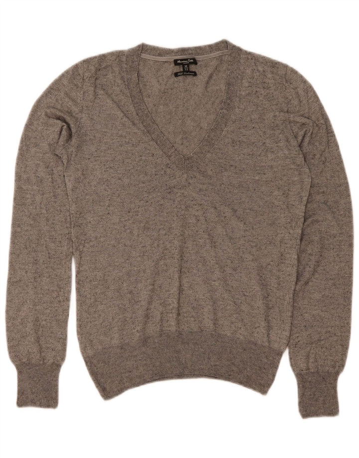Massimo Dutti Damen-Pullover mit V-Ausschnitt, UK 12, mittelgraue Seide