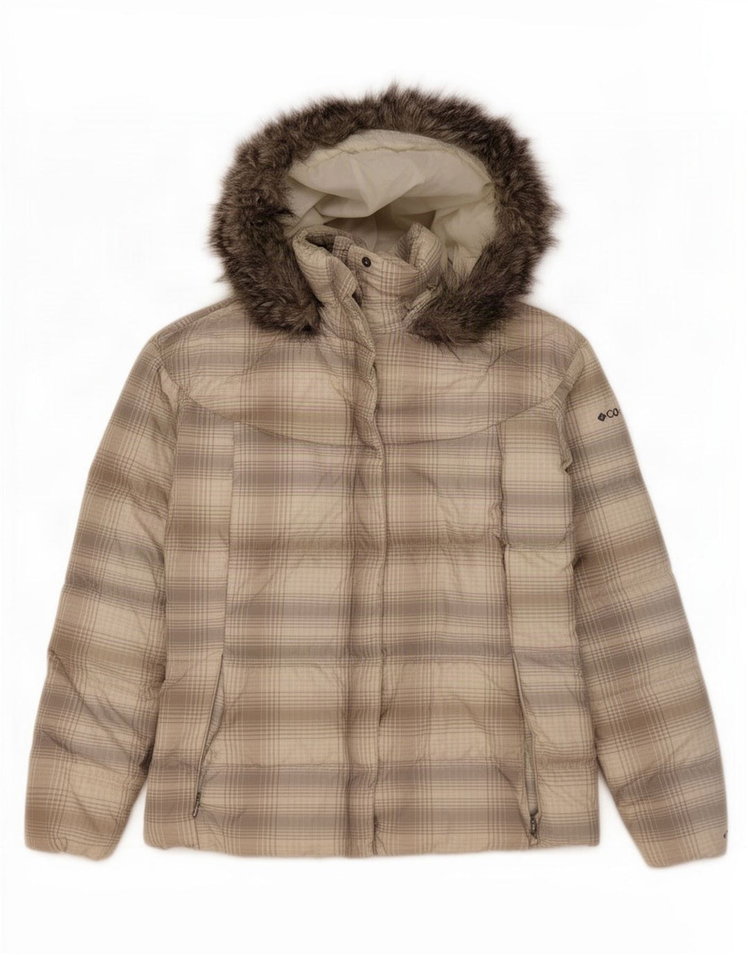 Columbia Wattierte Damenjacke mit Kapuze, UK 18, XL, grau kariertes Polyester