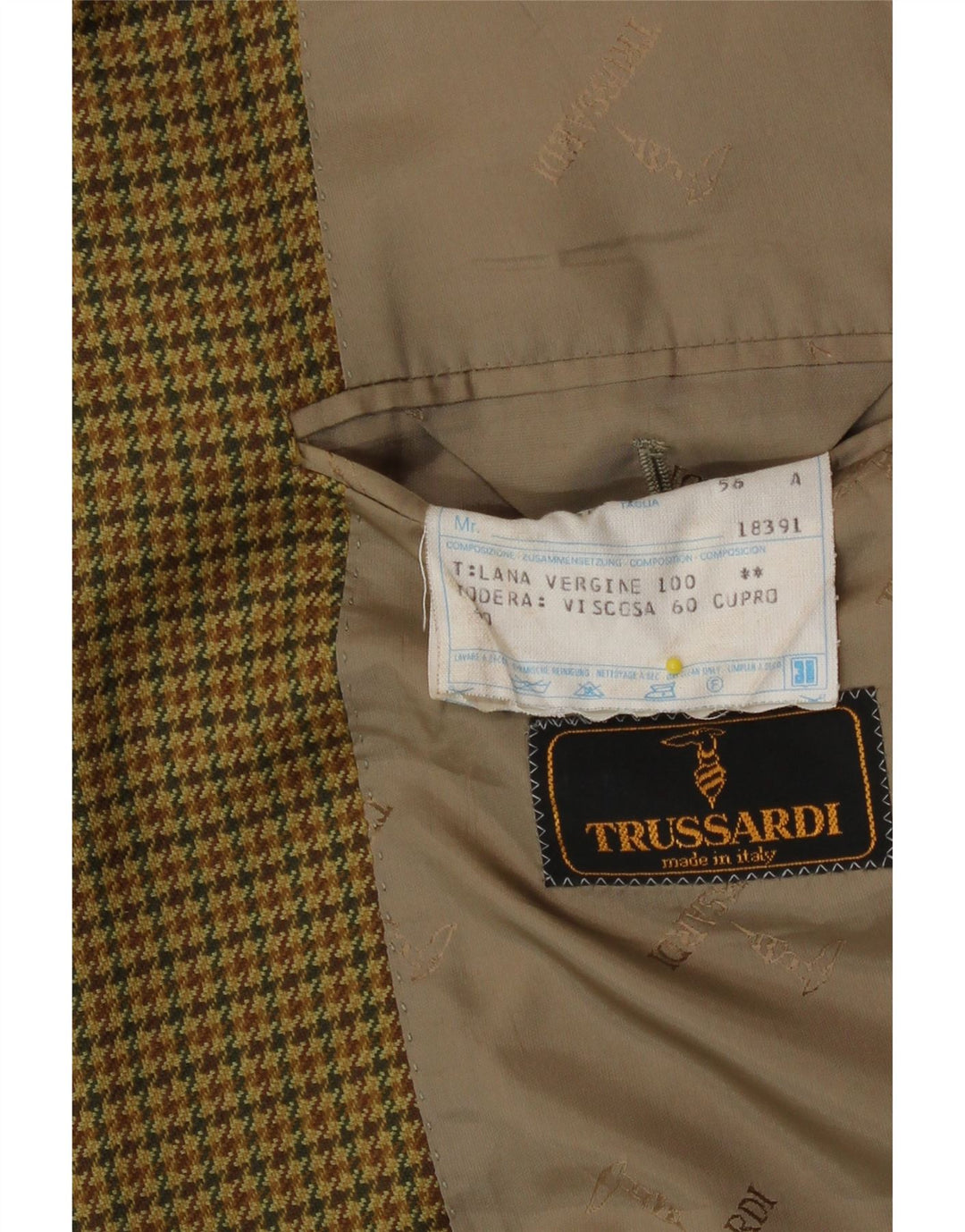 Trussardi Herren 2-Knopf-Blazerjacke IT 56 3XL Beige Hahnentrittmuster