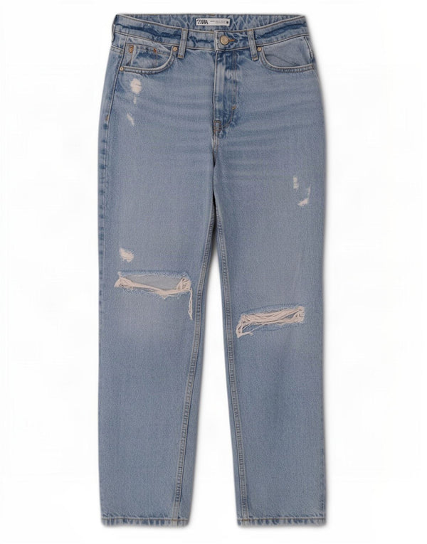 Zara Damen Distressed Tapered Jeans EU 34 2XS W24 L27 Blaue Baumwolle