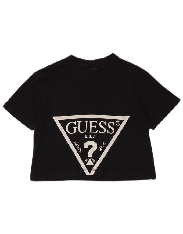 Guess Damen Crop Graphic T-Shirt Top UK 10 Small Schwarz