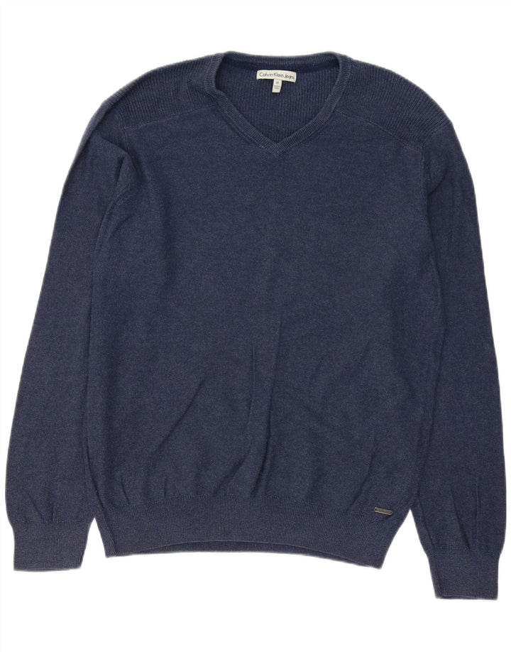 CALVIN KLEIN JEANS Herren-Pullover mit V-Ausschnitt, mittlere marineblaue Baumwolle