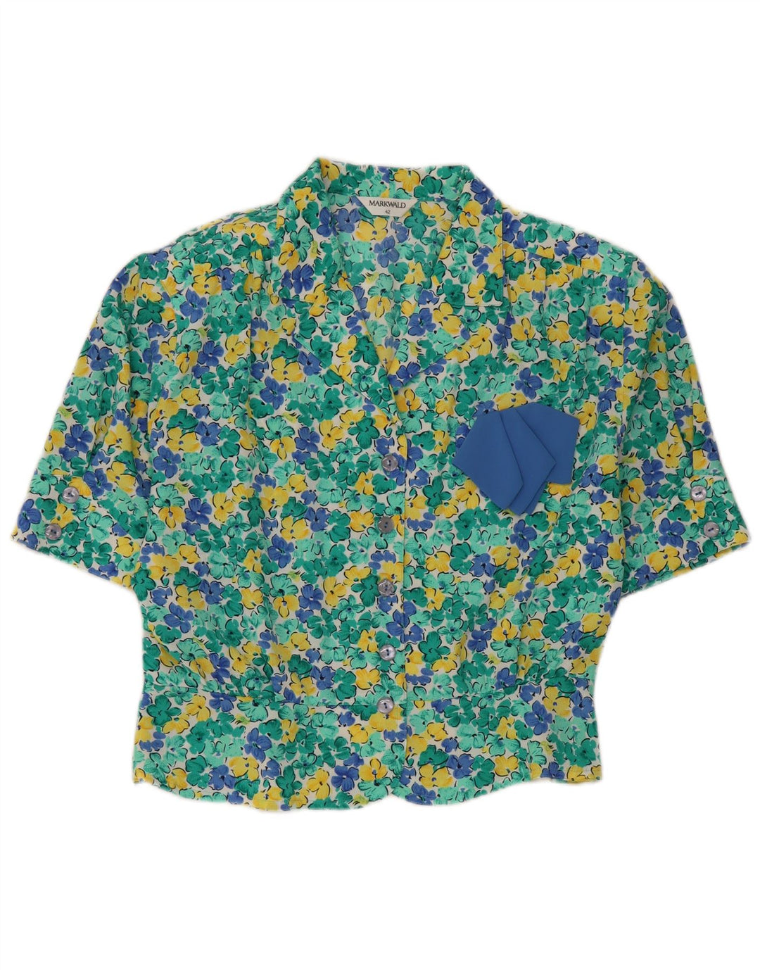 MARKWALD Damen Crop Kurzarm-Hemdbluse IT 42 Mittelgrünes Blumenmuster