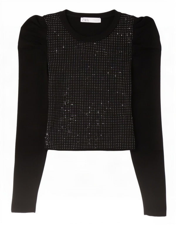 Zara Crop Langarm-Blusenoberteil für Damen, UK 10, Small, schwarz geflecktes Polyamid