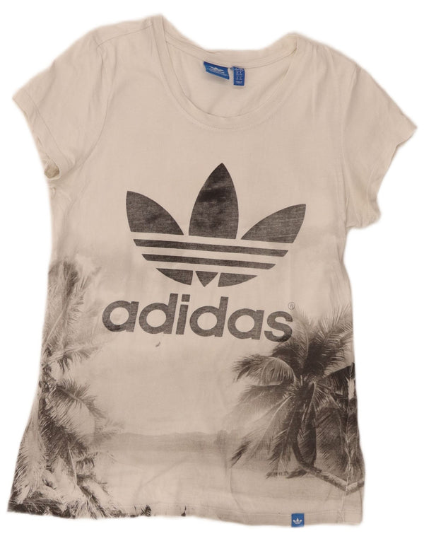 Adidas Damen Graphic T-Shirt Top UK 14 Mittelweiße geblümte Baumwolle