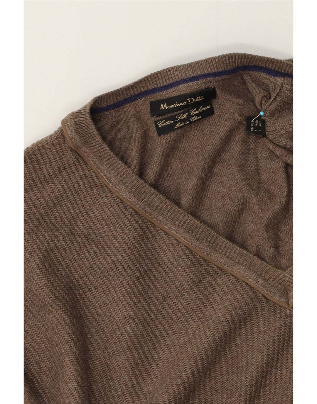 Massimo Dutti Herren-Pullover mit V-Ausschnitt, groß, braune Baumwolle