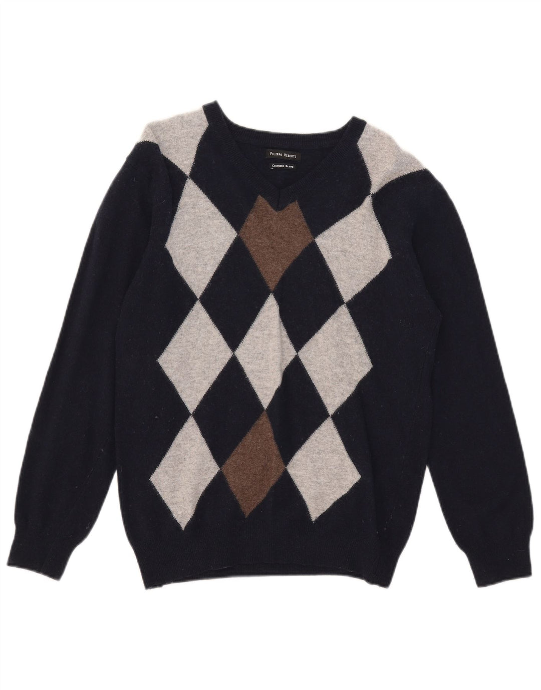 Filippo Riberti Herren-Pullover mit V-Ausschnitt, Größe S, Marineblau, Argyle/Diamant