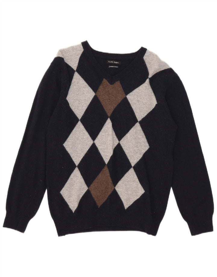 Filippo Riberti Herren-Pullover mit V-Ausschnitt, Größe S, Marineblau, Argyle/Diamant