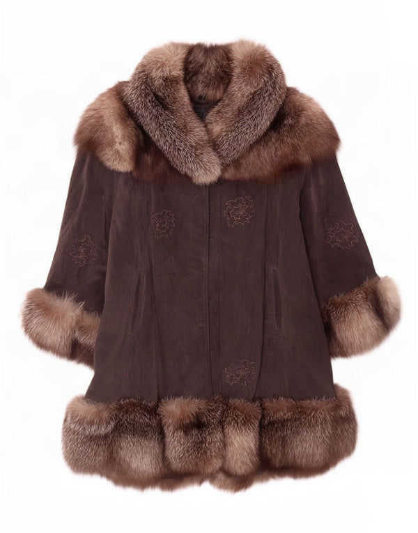 Vintage Damen Cape-Mantel aus Wildleder, Einheitsgröße, braun geblümt