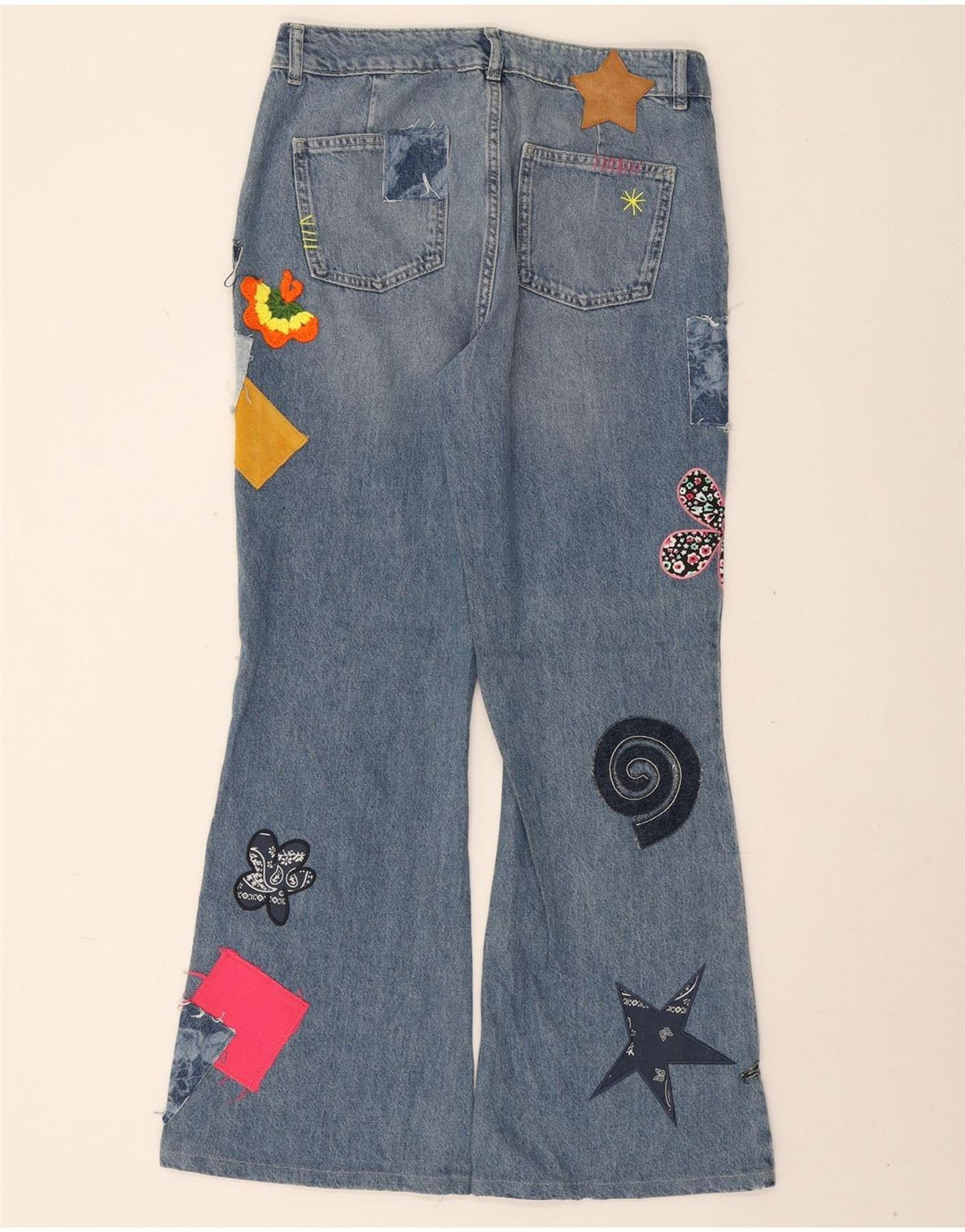 Desigual Damen Schlagjeans, groß, W32, L30, blaue Patchwork-Baumwolle