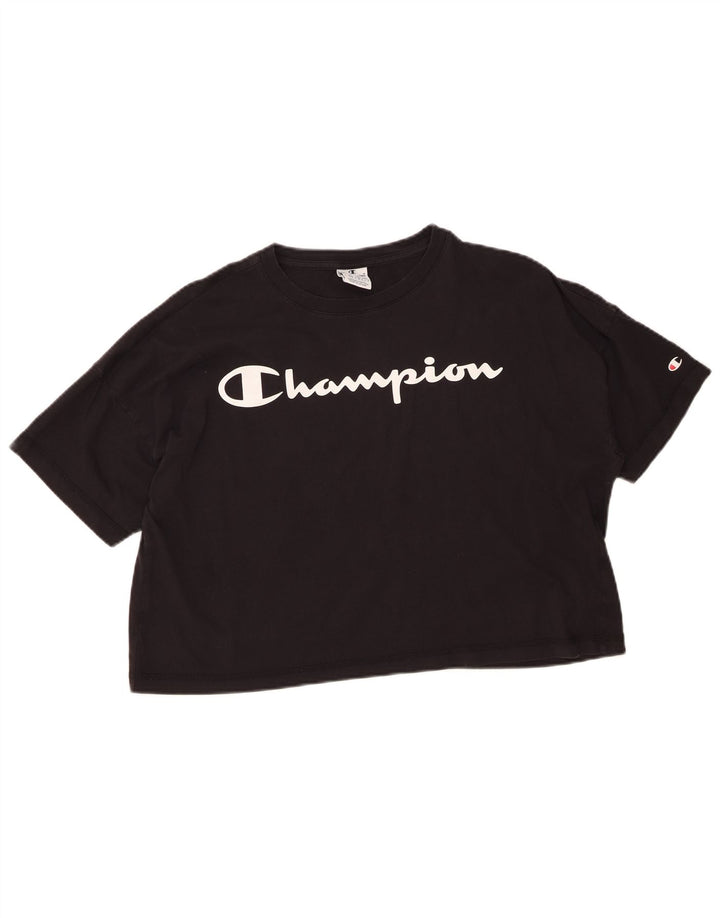 Champion Damen Oversize Crop Graphic T-Shirt Top UK 14 Medium Schwarz