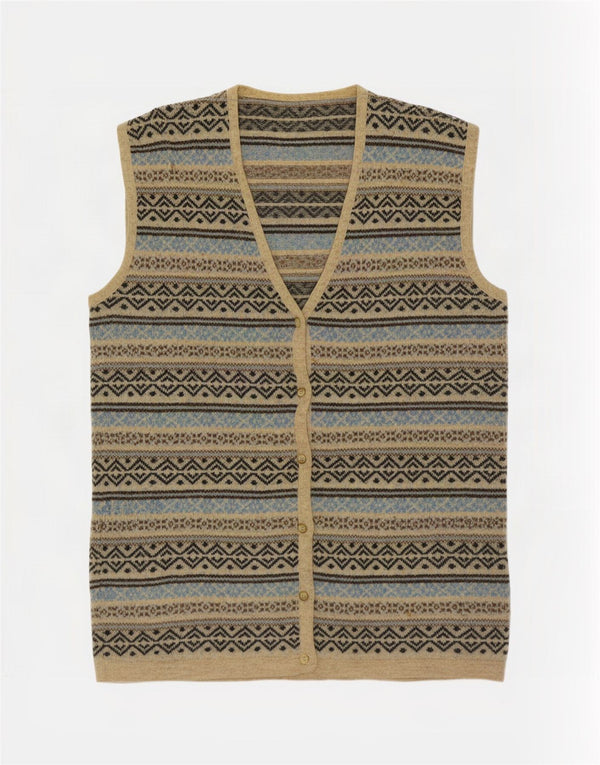 Vintage Damen Ärmelloser Cardigan Pullover UK 14 Medium Beige Fair Isle