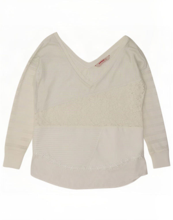 Desigual Damen Langarm-Blusenoberteil UK 14 Medium White Floral Polyester