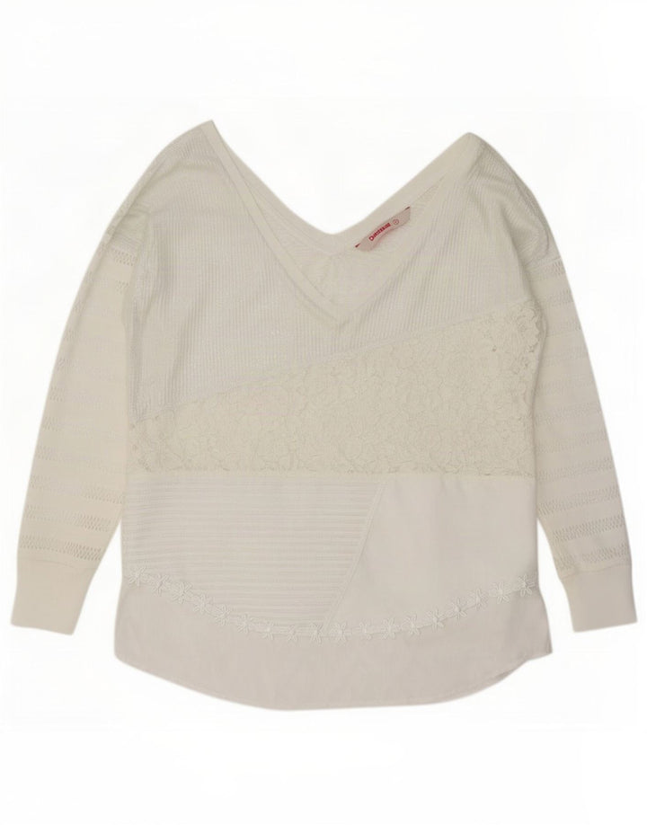 Desigual Damen Langarm-Blusenoberteil UK 14 Medium White Floral Polyester