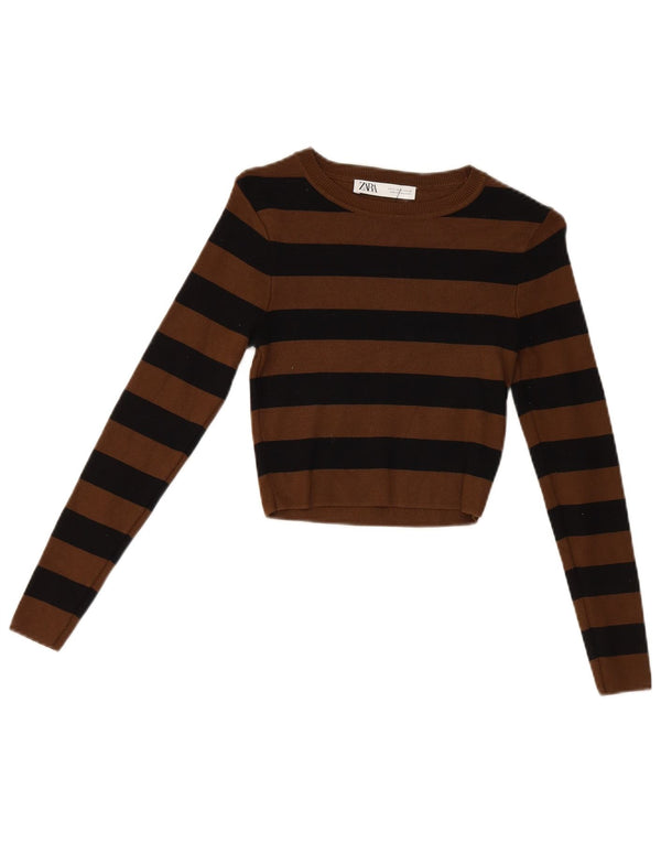 Zara Damen Crop Top Langarm UK 12 Mittelbraun gestreift Viskose