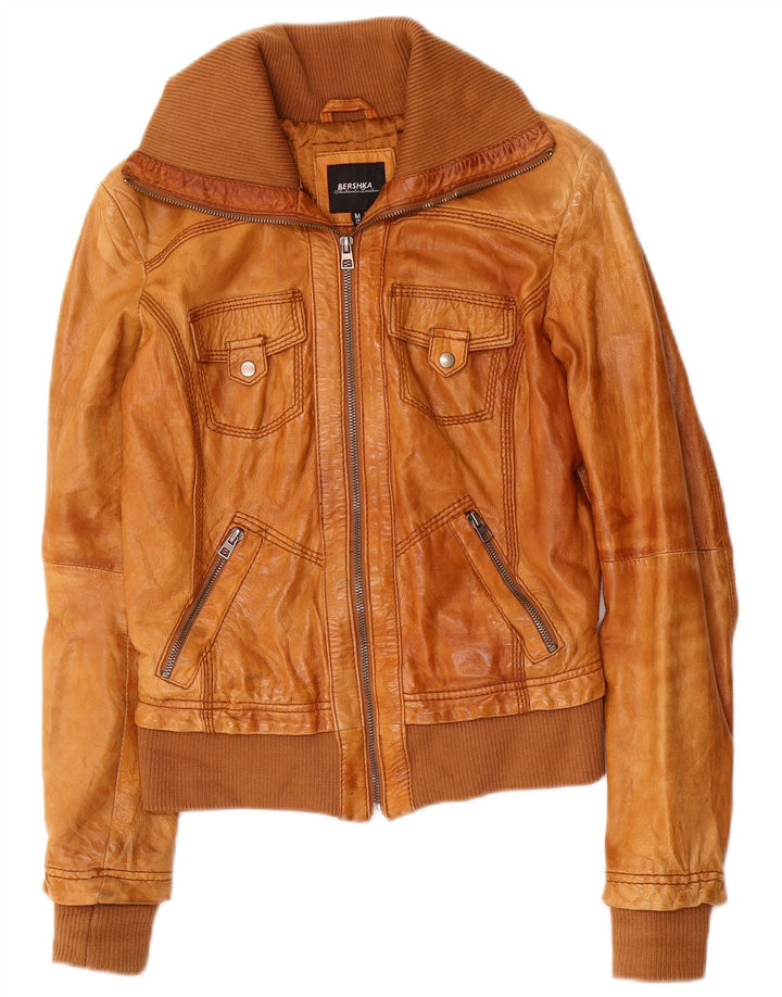 BERSHKA Damen Lederjacke UK 12 Mittelbraunes Leder