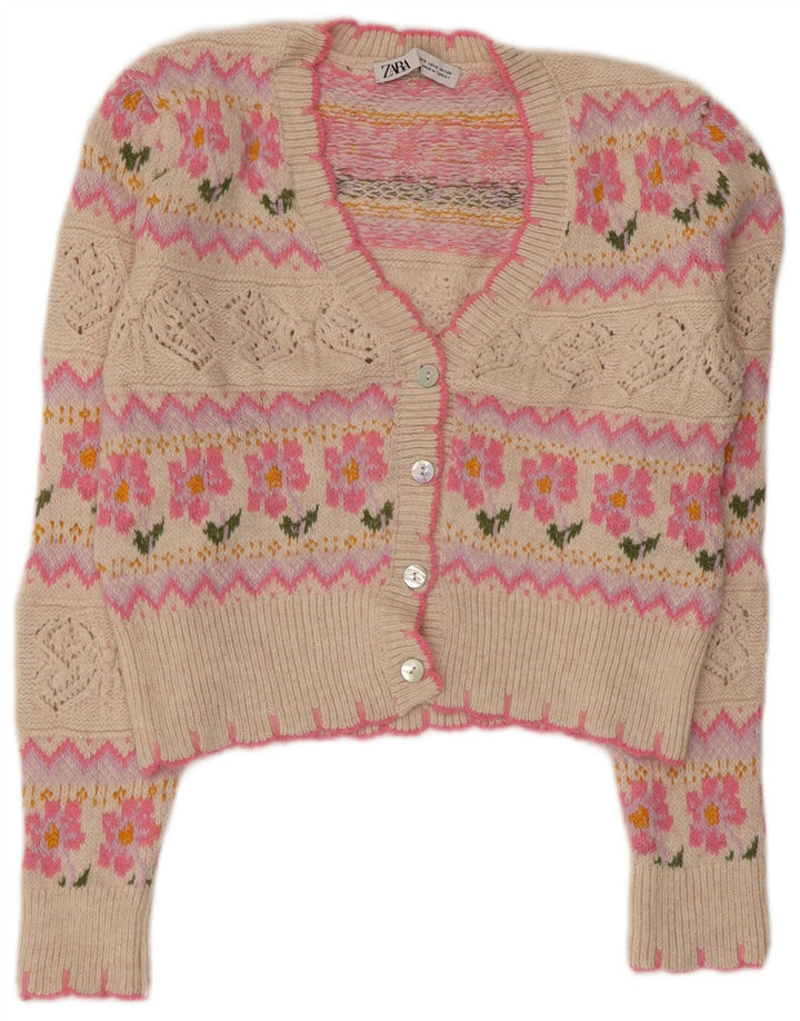 ZARA Damen Loose Fit Crop Cardigan Pullover UK 10 Small Pink Floral