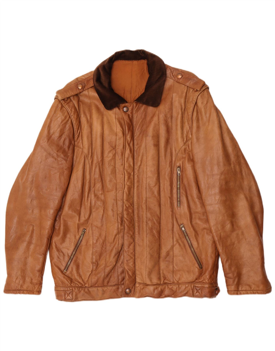 Vintage Herren Militärlederjacke IT 54 2XL Braun Farbblock