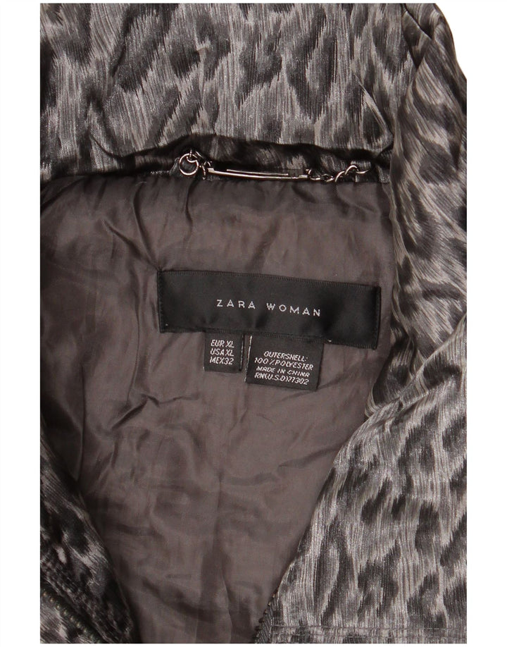 Zara Damen Wattierte Jacke UK 18 XL Graues Polyester mit Animal-Print