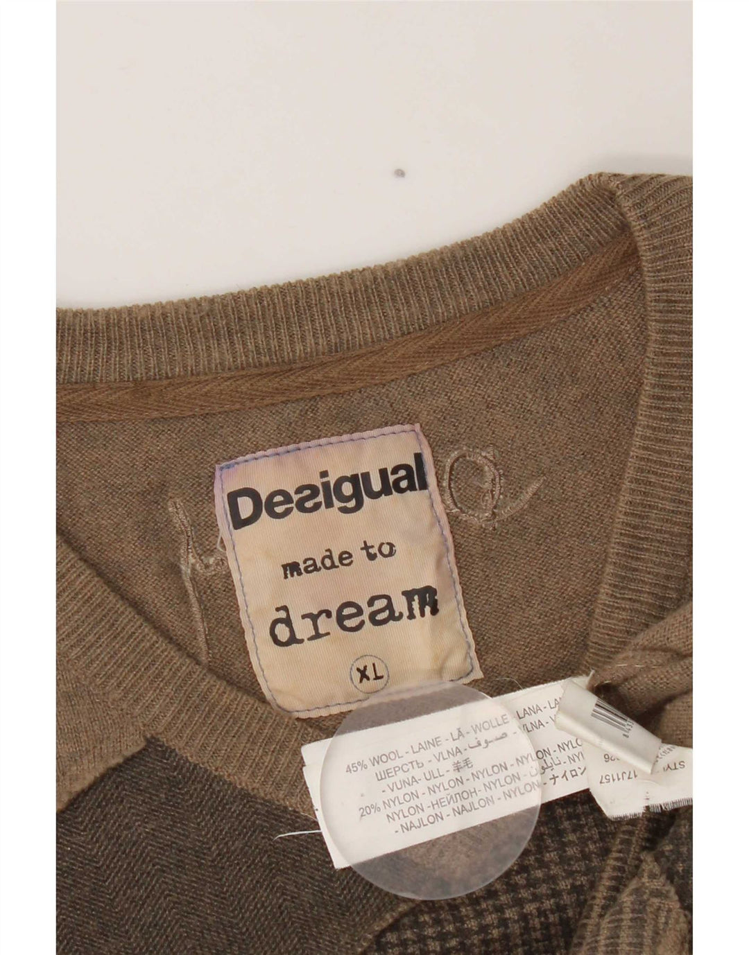 Desigual Herren V-Ausschnitt Pullover Pullover XL Braun Patchwork Wolle Modern