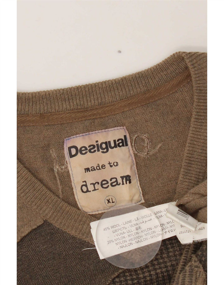 Desigual Herren V-Ausschnitt Pullover Pullover XL Braun Patchwork Wolle Modern