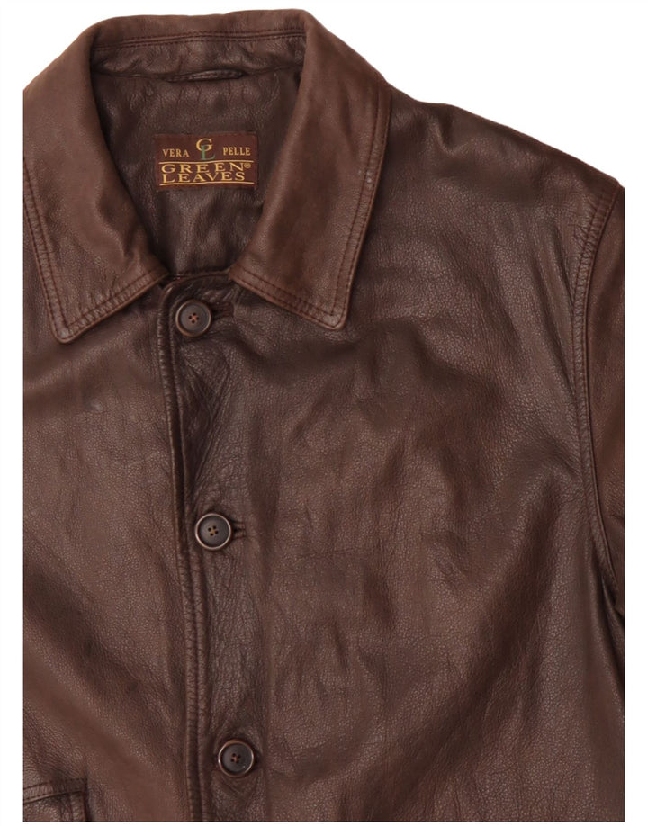 Herren-Ledermantel mit grünen Blättern, Größe 40, großes braunes Leder