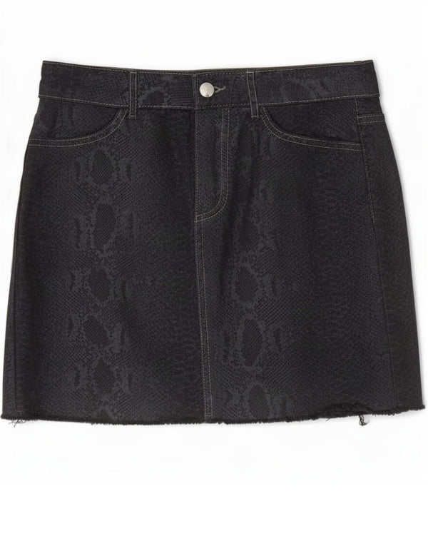 Zara Damen Jeansrock XS W24 Schwarze Baumwolle mit Animal-Print